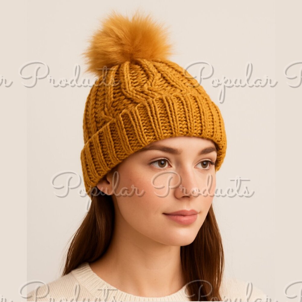 Knit Pom-Pom Hat, Mustard